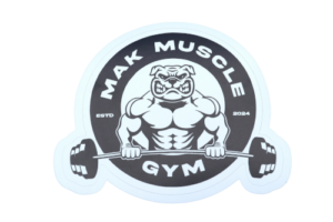 sticker with a bulldog lifting weights