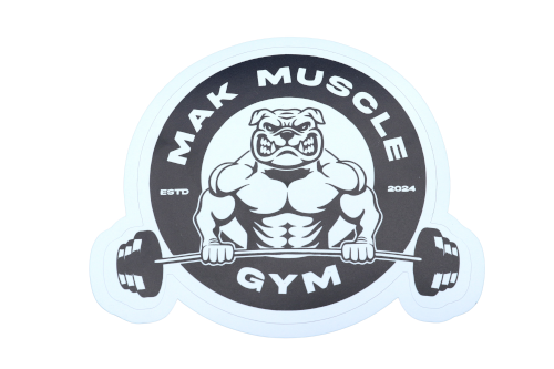 sticker with a bulldog lifting weights